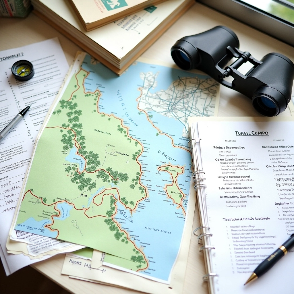 Editorial workspace with notebooks, maps, and research materials for Čthebullandfinchpub bog trail documentation and content creation