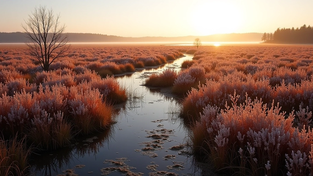Autumn bog landscape with frost-covered vegetation and golden light filtering through morning mist