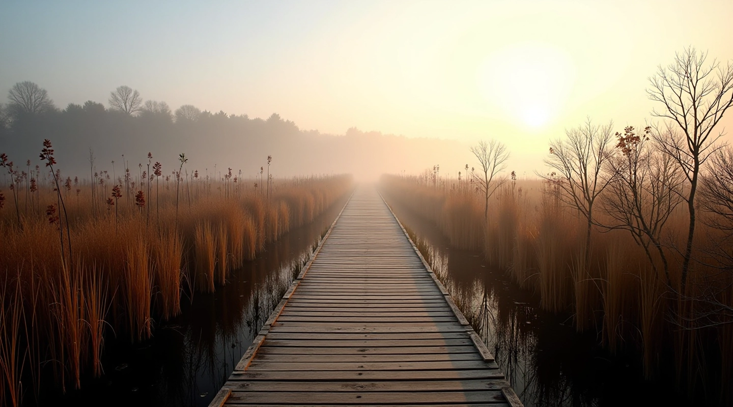 Elevated wooden boardwalk stretching through dense bog vegetation with distant tree line visible