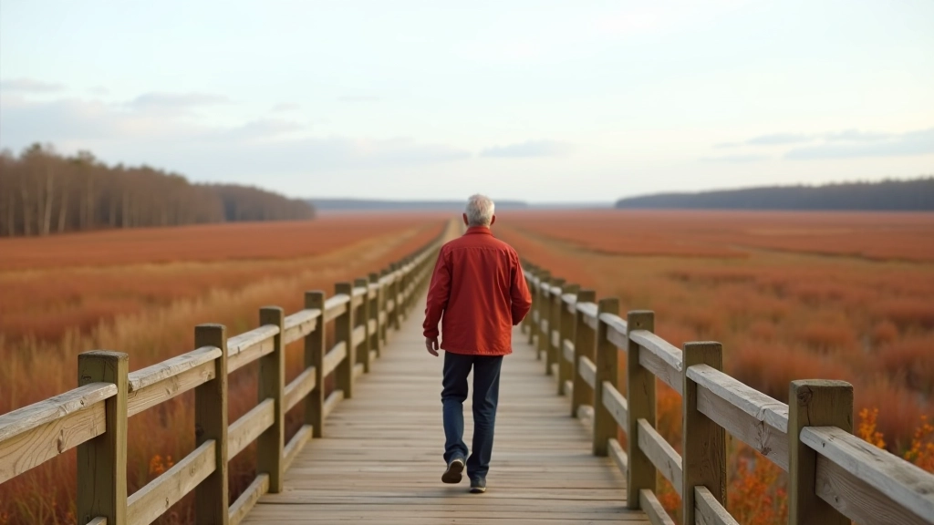 Person standing on observation platform looking out over the bog wetland landscape