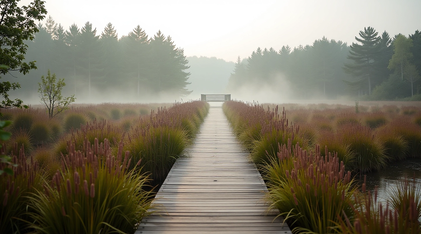 Accessible boardwalk winding through the cranberry bog at Čthebullandfinchpub reserve with observation platform visible